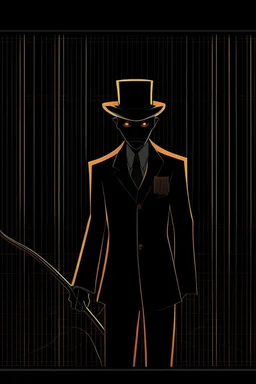 A shadow man standing behind the movie theater, his face is black, with light red eyes and sharp teeth, he is wearing a formal suit and a black hat, and he is holding a golden cane.