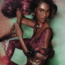 high resolution color photography with a 5 0 mm f / 2 2 lens of a beautiful young dark skin model sitting in a office, wearing an elegant red dress, colorful glitter makeup, light green hair, fine art photography, soft focus, steven meisel, 90s fashion photography, fashion photography, hugo comte