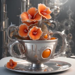 rose hibiscus+big orange fruit +cinnamon tubes,in a futuristic silver teacup,3d,steampunk.
