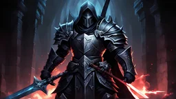 evil death knight, fully armored, holding glowing black sword, perfect anatomy, Shoulder Portrait, dungeon background, masterpiece, best quality, darkest dungeon, shadowverse, artgerm, greg ruktowski,