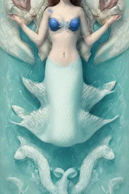 Intricately detailed white 3D paper patchwork with a mermaid, sea horses and starfish, style by Catherine Abel, Gediminas Pranckevicius digital painting elegant Award winning photography fantasy intricate 8k cinematic lighting very attractive beautiful high detail poster crisp quality Unreal Engine Michelangelo