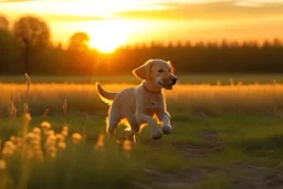 a puppy playing fetch in the field at sunset