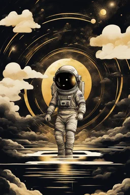 A detailed illustration muted chinese ink painting, magic cosmic colors, rice paper texture, digital paint, halo astronaut, one black and gold future portal in the sky. Venus. Space. Clouds wet to wet techniques. vibrant vector professional art. using Cinema 4D