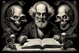 "Examiner" professor of halloween propaganda poster in the style of Rembrandt, Giger and Escher