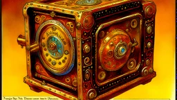 John Harris Style page, ((masterpiece, best quality)), full color, full color, dark serious 1980s steampunk puzzle box, magic, watercolor,