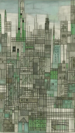 A grayish mint colored ancient African cyberized city made out of steel painted by Paul Klee