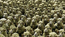 large crowd of soldiers all with sheep heads