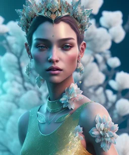 A portrait of a crystalised flower queen, atmospheric, realistic, unreal engine, cinematic lighting, octane render.