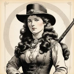 (high res photo in the style of Orion, by Masamune Shirow) Annie Oakley (1860-1926) was an American West performer and sharpshooter who became a symbol of the late nineteenth and early twentieth centuries. She was born in Ohio and started shooting at a young age, relying on her skills to support her family after her father died. Oakley rose to notoriety as a markswoman, winning a number of shooting competitions and starring in shows such as Buffalo Bill’s Wild West. She was known for her accurac