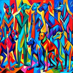 Painting of dogs and men standing together in different colors and sizes, cubist painting by Kees Maks, featured on dribble, informal art, cubism, picasso, art on instagram