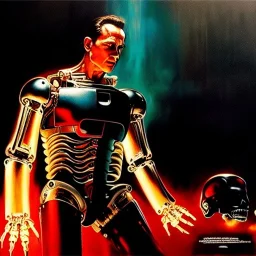 Drawing of 'Terminator T-800 Endoskeleton' painting by gaston bussiere, greg rutkowski, yoji shinkawa, yoshitaka amano, tsutomu nihei, donato giancola, tim hildebrandt,KyuYong Eom,Ren Wei Pan Oil on canvas, cinematic composition, extreme detail,fit full head inside picture,16k