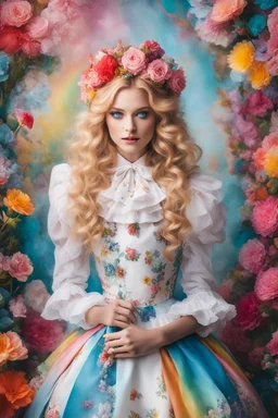 Realistic Photography beautiful Alice in wonderland, boheme chic outfit adorned with flowers, vibrant colors,photography inspired, soft pastels, brush strokes, ethereal, digital photography, beautiful and intricate patterns, delicate curls, rainbows, playful, stylish, high contrast, striking shadows, fantastical elements, modern twist, retro vibes, lively and energetic, surrealistic elements, kaleidoscopic patterns, dreamlike atmosphere, whimsical, effervescent, contemporary flair, eye-catching