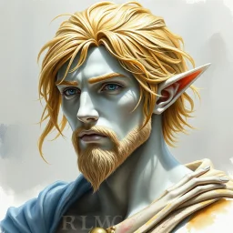 fantasy, dramatic portrait, marble statue of an elf male, marble skin, watercolour, golden hair, warrior, mighty, righteous