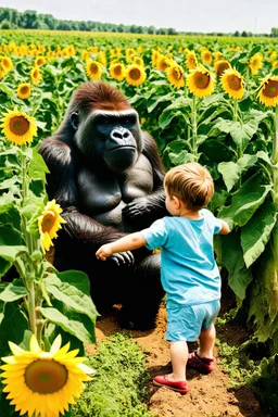 A child play with the s big gorilla among sunflowers farm the child is seems very happy while the gorilla been silly