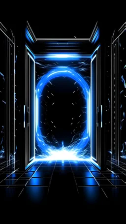 A electric, energetic, magnetic, full of energy, hyper realistic, multidimensional, glowing, prussian blue, lightning energy portal, gate, floating black space surrounded with energic particles