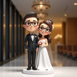 Create a cute premium 3D animated collectible figurine scene of the uploaded couple, using their photo only as the identity reference. Turn them into an adorable husband and wife standing close together on a small round display base. Preserve their young age, facial features, hairstyle, glasses if present, skin tone, and warm loving expressions, but render them in a soft anime style. in wedding suit in modern hall
