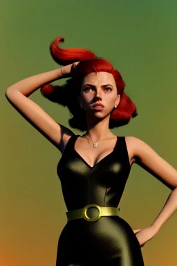 retro portrait image from 1960, sky background, wind, long red hair, fighting stance, sweet young Scarlett Johansson, black dress, classic tight lycra black suit, weapon, gold bracelet and belt, high heel boots, soft color, highly detailed, unreal engine 5, ray tracing, RTX, lumen lighting, ultra detail, volumetric lighting, 3d, finely drawn, high definition, high resolution.