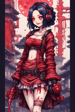 anormal, smile, blood, girl cute, full body, beautiful cyberpunk petit girl, hyperdetailed, behind made 8bits and Pixel Art, watercolor illustration by <Katsushika Hokusai>, darkred tones,