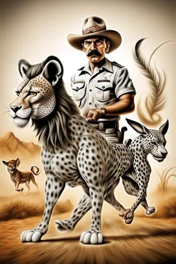 Mexican farmer Hitler on fast cheetah dog donkey lion snake, airbrush and pen outline, motion blurred background