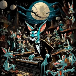 dark colours bugs bunny being a composer piano violin and is surrounded by swarm pig pig swinewasp swine pigpen pigsty on an diffrent planet cosmos lovecraft