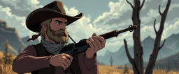 Magnus Carlson in the wild west looking cool with an instrument, anime style