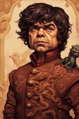 A portrait of an odd but strangely beautiful yet odd little humanoid creature named Herve Villechaize in the role of "Tyrion Lannister" from "Game of Thrones" with a dragon in the background Modifiers: very cute Norman Rockwell style of Bobby Chiu style of Chris Ryniak