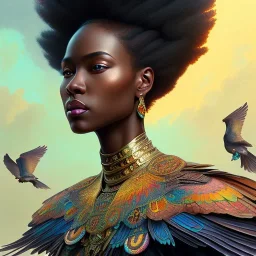 close up of black woman with birds, colorful, intricate, elegant, highly detailed, digital painting, artstation, concept art, smooth, sharp focus, illustration, art by artgerm and greg rutkowski and alphonse mucha