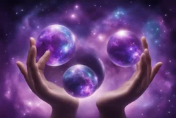 kundalini, connected to the universe, few colours of galaxy, holding galaxies in few hands in glass balls, purple colours