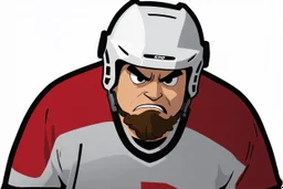 calvin angry pouting with head down wearing a hockey helmet, line art cartoon