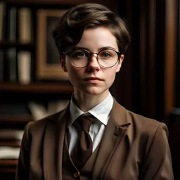 Young lady lawyer with short brown haircut and glasses in historical suit