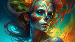 woman wearing colorful Death day face paint., intricate, elegant, highly detailed, digital painting, artstation, concept art, smooth, sharp focus, illustration, art by artgerm and greg rutkowski and alphonse mucha and Wayne Barlowe and Zdislav Beksinski and Francis Bacon and