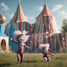 Ultra realistic circus scene. Sweet hair monster jumping and Child’s playing, smile, happy, smooth color, waist up view, Wes Anderson style, dark ambient, highly detailed, concept art, unreal engine 5, god rays, ray tracing, RTX, lumen lighting, ultra detail, volumetric lighting, 3d, finely drawn, high definition, high resolution.