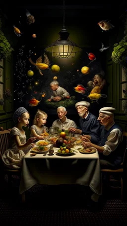 full shot of the astronauts family at a delirious celebration dinner in the Garden of Earthly Delights, small electric light bulbs on the table, birds on the table, grapes hanging, elegant and perfect composition, photo studio portrait, in the style of rembrandt