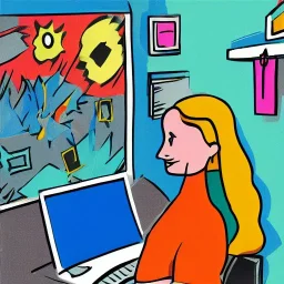 A colorful cartoon woman at work