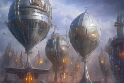 metallic magic city towers airships night