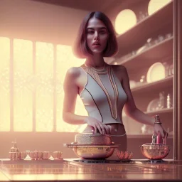 ultra realistic, cute woman is cooking at home, intricate details, ultra highly detailed, shiny, smooth, studio quality, octane render, Surrealism, Triadic colour scheme,glow-stick, ambient lighting,nightclub lighting, polaroid, 100mm, --ar 1:1 --v4