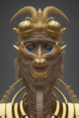 Aztec male African Egyptian alien, cracks in the voodoo head, wicked, eyes, crown, Elephant, 8k, finely detailed, photo realistic, tiger turquoise skull head gold dragon space alien snow skeleton gold hornytoad silver crown silver eyes