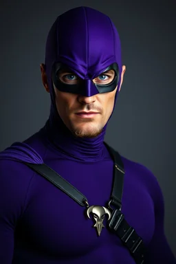 full-length, A portrait of a the Phantom, a man with piercing blue eyes, a chiseled jaw, goatee, timeless face, stern expression, Wearing a skintight formfitting purple cotton hero suit with a skintight cowl with a widows peak that fits tight to his head, but does not cover his face or his forehead , he wears a thin, black leather, bandit eye disguise over his eyes, black and blue diagonally striped trunks, dual-holstered pistol belt adorned with a triangle skull-shaped buckle, leg straps, boot