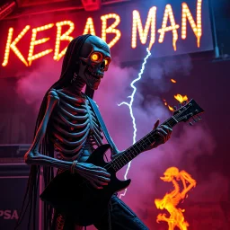 a very thin swedish man (near skeleton), (fat glowing eyes), he is called "KEBAB MAN" performing at death metal club, his name is "KEBAB MAN" kebab rolls On stage, kebab Neon lights and smog, and "KEBAB MAN" big sign on the wall, kebab tribal tattooes, spinning kebab machines, flames and smoke, chaos, he playing a metal guitar with flames, thunder and lightning