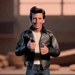 wide view young Fonzie with black hair greaser Action figure doll 1975 (thumbs-up) (face) Forehead grin, fonzarelli, ((Arnold's drive-in)) eyes fonziE fonz