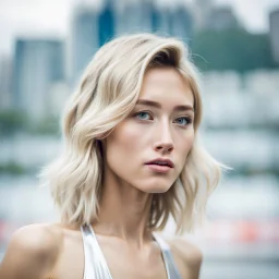 beautiful anorexic asian female, total shot, shiny silver triathlon swimsuit, short blond wavy bob hair, blurred city background