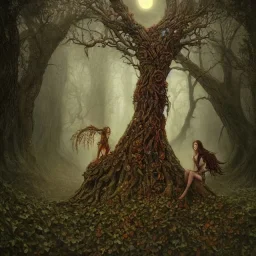 woman, bark skin, detailed fantasy art, stunning, beautiful, gorgeous, turning into tree, morph, forest of the dead, moonlight, mist, George Grie, Marco Escobedo, Igor Morski, brian froud, selina french, howard lyon