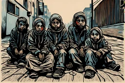 create a deeply powerful tragic, heart wrenching, and evocative, full body color woodcut of a group of homeless and hungry young Muslim refugee children with highly detailed and deeply cut facial features, lost in a horrific post apocalyptic Gaza, in the style of KATHE KOLLWITZ and PAUL GAUGUIN, searing lines and forceful strokes