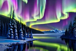 a very beautiful highly detailed, (Aurora Borealis:1.3), over a large round lake surrounded by shoreline and trees, view from shoreline, by greg rutkowski, photorealistic, intricately detailed, high quality, 64k, very wide shot