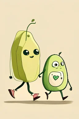 generate a cartoon of two characters, one is a plastic bag of sugar walking hand in hand with an avocado