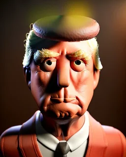 Waist up Portrait, Donald trump muppet, Wes Anderson style, photo studio, unreal engine 5, god lights, ray tracing, RTX, lumen lighting, ultra detail, volumetric lighting, 3d.