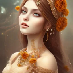 marigold goddess, beautiful face, long dress, brown hair, nordic