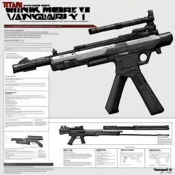 ConceptSheet for wii No More Heroes style with thick lines: A document showing The Titan Mk IV Vanguard is a state-of-the-art battle rifle designed for elite military units operating in high-stakes and off-world environments. Its robust construction, advanced targeting systems, and modular design make it a versatile and powerful weapon on the battlefield.