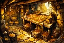 dnd, fantasy, watercolour, large strokes, stylistic, dungeon, piles of gold, chests full of gold, opulent, grandiose