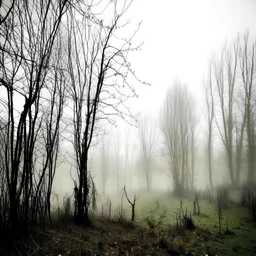 Countryside, morning, foggy. Gritty, raw photo of obscene filthy trees, creepy, eerily mysterious, grainy, intricate patterns, details of the leaves extremely accentuated